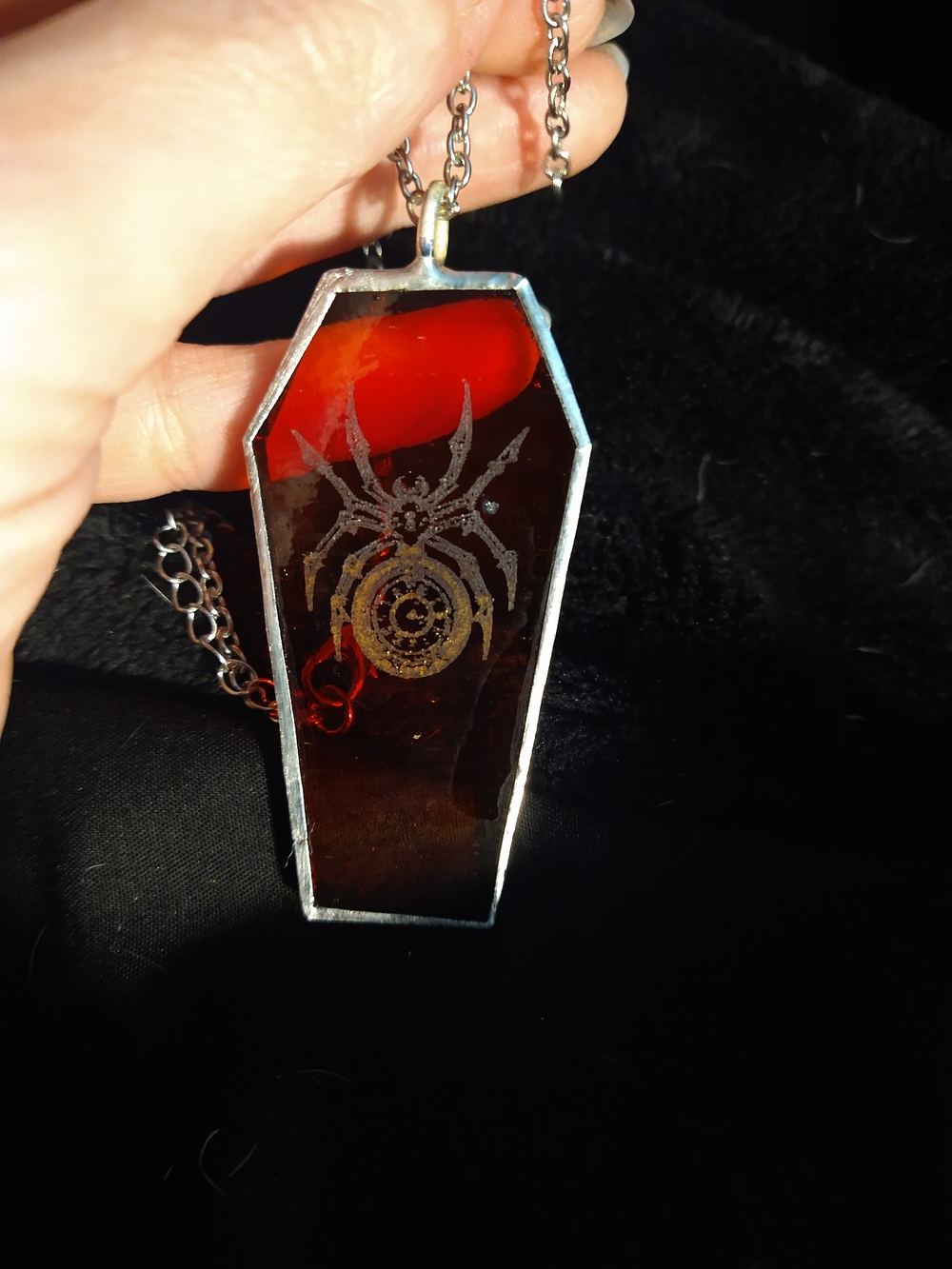 Handmade Red Coffin Pendant Necklace with Spider Detail